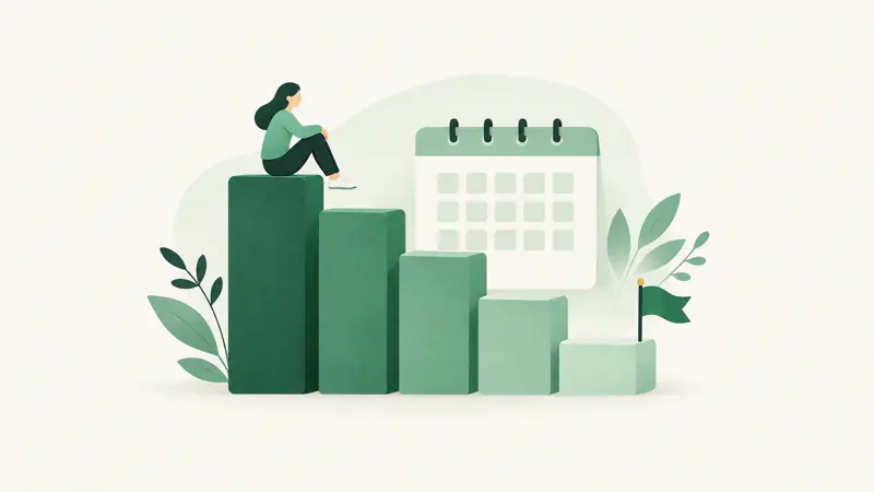 Illustration of a staircase of shrinking green blocks beside a calendar, a picture of debt being paid down step by step