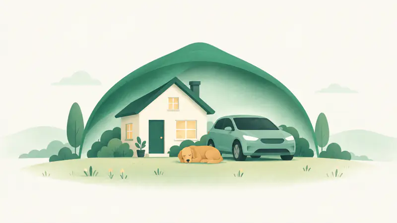 Illustration of a small home, a sleeping dog and a family car sheltered under one large green canopy