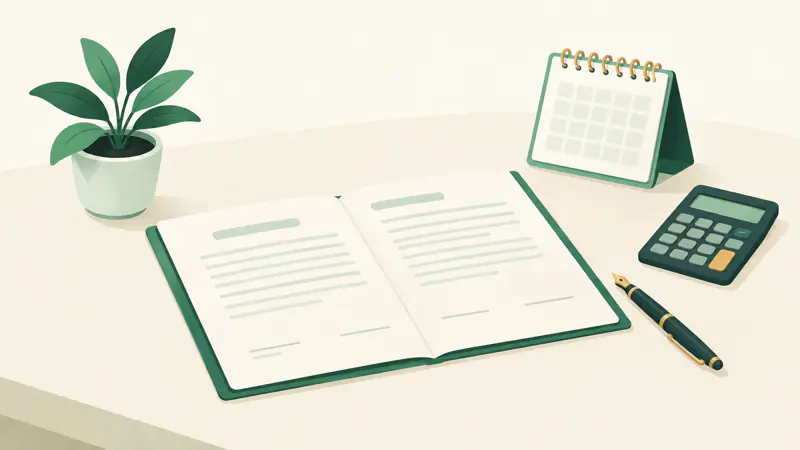 Illustration of an open loan agreement on a desk with a fountain pen, a desk calendar and a calculator