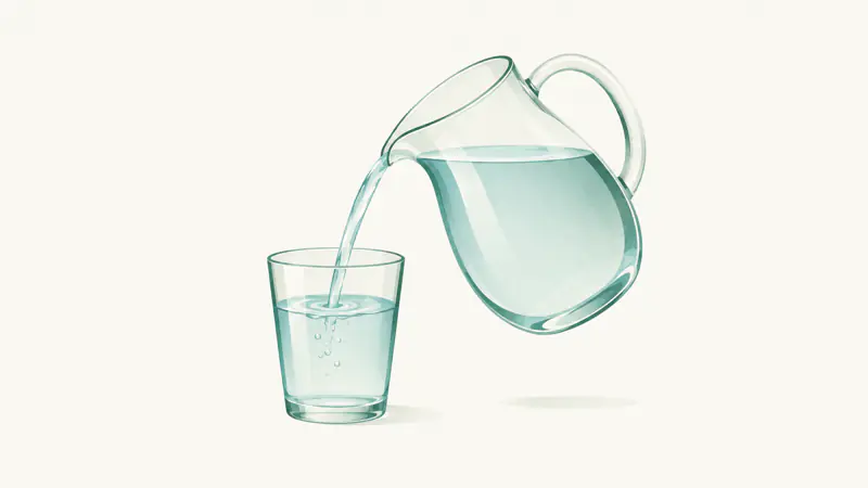 A water pitcher pouring part of its contents into a smaller cup beside it