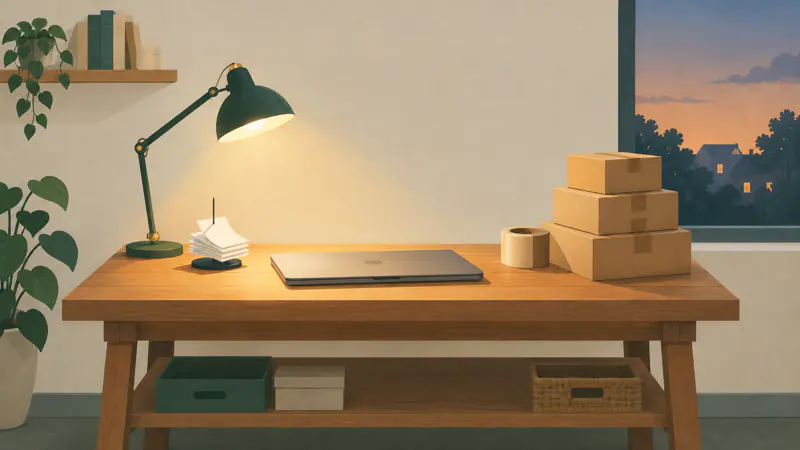 Illustration of a small home workbench with shipping boxes, a receipt spike and a closed laptop under a desk lamp, for a guide to side hustle taxes