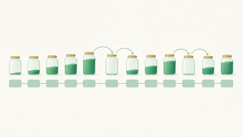 A timeline of twelve months with jars that fill and empty at different points
