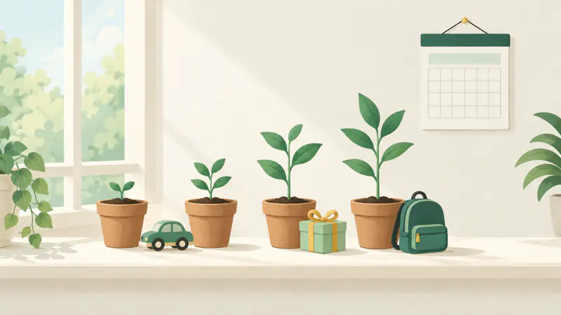 Illustration of seedlings growing at different heights beside a toy car, a gift and a backpack, for a guide to sinking fund savings