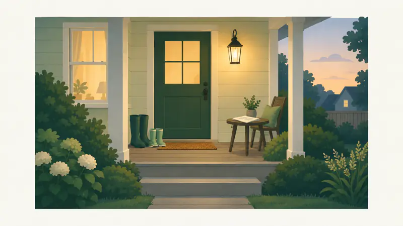 Illustration of a lit lantern hanging beside the front door of a small family home at dusk, for a guide to term life insurance