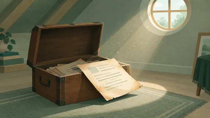 Illustration of an open attic trunk with an old paper document lifted out into the light, for a guide to time-barred debt