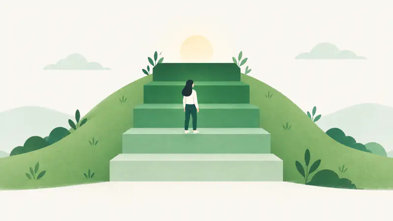 Illustration of a five-step staircase in graded shades of green on a gentle hill, for a guide on what is a good credit score
