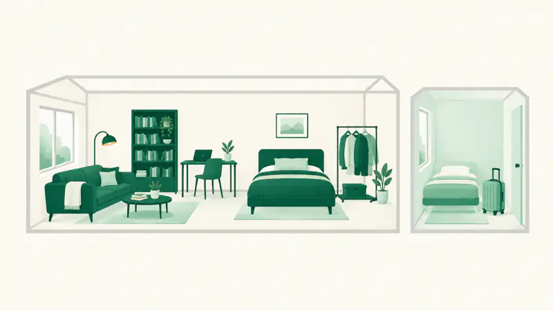 A cutaway apartment with gray walls, green belongings inside and a small mint room with a temporary bed