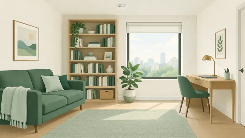 Illustration of a cozy studio apartment with a sofa, bookshelf and desk in soft daylight, for a guide to renters insurance