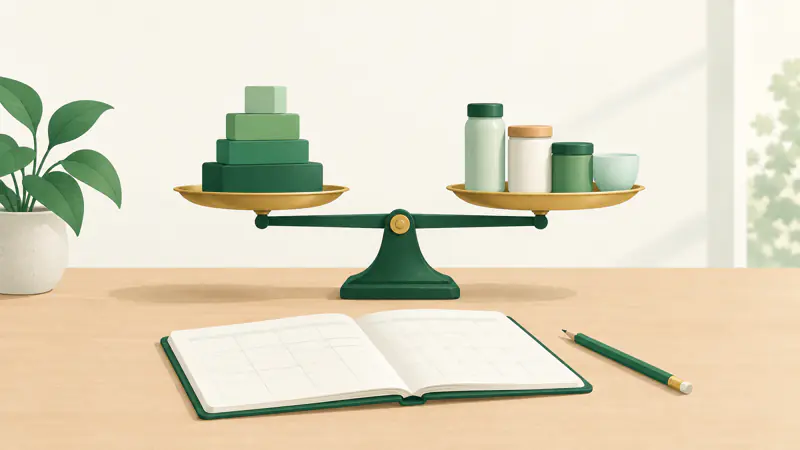 Illustration of a level balance scale holding a stack of blocks and a row of small containers, for a guide to the zero-based budget